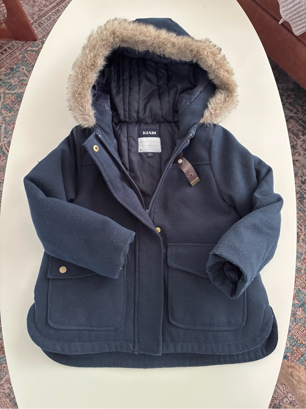 Kids Navy Hooded Coat with Faux-Fur Trim